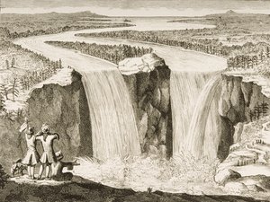 Niagarské vodopády, podle náčrtu vytvořeného otcem Hennepinem v roce 1677, z „American Pictures“ vydaného společností Religious Tract Society, 1876 od English School