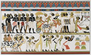Núbijští náčelníci přinášející dary egyptskému králi, kopie staroegyptské nástěnné malby z hrobky v Thébách, asi 1380 př. n. l., z Dějin lidstva, III. díl, autor: Prof. Friedrich Ratzel, 1898. od English School