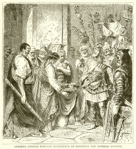 Odoaker nutí Romula Augustula, aby se vzdal imperiální důstojnosti od English School