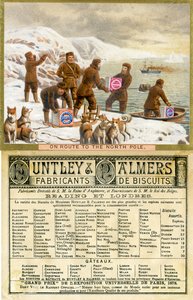 Na Route to the North Pole, přední a zadní strana propagační karty pro Huntley & Palmers Biscuits, vyrobené pro francouzský trh, 1890 od English School