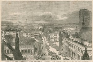 Otevření parlamentu - královský průvod načrtnutý z Westminsterského opatství od English School