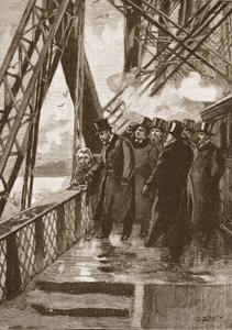 Otevření mostu Forth Bridge princem z Walesu, 4. března 1890, ilustrace z Cassells Illustrated History of England (sépiová fotografie) od English School