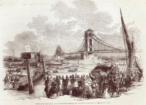 Otevření visutého mostu Hungerford Suspension Bridge, z "The Illustrated London News", 3. května 1845 od English School