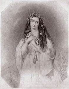 Ofélie (Ophelia) (Hamlet) v - „“ Shakespearově ženské galerii, sbírka čtyřiceti pěti vážných portrétů raných londýnských umělců, obohacená o kritické a literární poznámky““““ kolem roku 1838 – z „“ Galerie žen Shakespearových, Sbírka pevnosti od English School