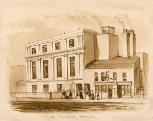 Původní sépiová kresba nového White Conduit House, Pentonville, Londýn (inkoust na papíře) od English School
