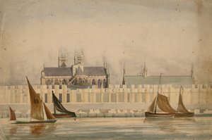 Původní akvarelová kresba budov parlamentu postavená kolem roku 1842 (wc na papíře) od English School