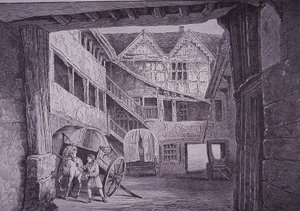 Ostler navštěvující kůň na nádvoří New Inn, Gloucester (dřevoryt) od English School