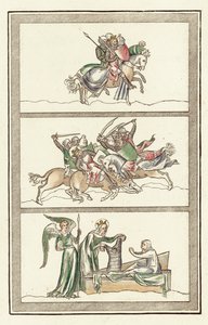 Oswald King Of Northumberland se svou armádou, Battle Of Maserfield, Miracle of the Virgin Mary (barevná rytina) od English School