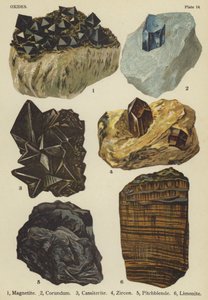 Oxidy, magnetit, korund, kasiterit, zirkon, smolinec, limonit (barevná litografie) od English School
