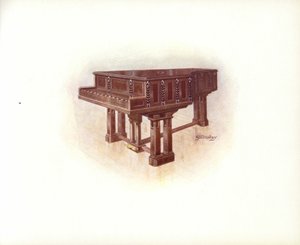 Stránka z uměleckého katalogu Steinway & Sons (barevné lito) od English School