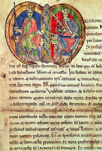 Stránka z Charty Kelso Abbey s iluminovanou iniciálou zobrazující krále Davida I. (1084-1153) a jeho vnuka Malcolma IV. (1141-65) 1159 (vellum) od English School