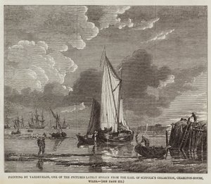Obraz od Vandevelde, jeden z obrazů nedávno ukradených ze sbírky hraběte ze Suffolku, Charlton-House, Wilts (rytina) od English School