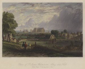Palace of St James, Westminster Abbey and Hall, Londýn (barevná rytina) od English School