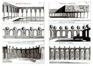 Palisade designs, from Theory and Practice of Gardening, Antoine-Joseph Dezallier DArganville (1680-1765), publikováno kolem roku 1709 od English School