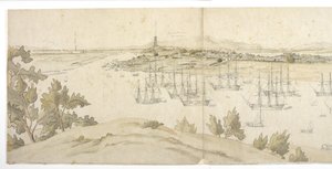 Panorama (levá polovina) Whampoa z Dane Island, s britskou a americkou lodní dopravou v kotvišti od English School