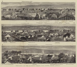 Panorama diamantových polí, řeka Vaal, Jižní Afrika (rytina) od English School