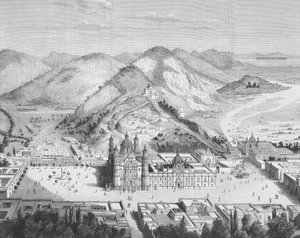 Panoramatický pohled na baziliku de Guadalupe, Mexico City 80. léta 19. století (rytina) od English School
