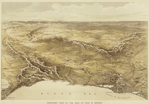 Panoramatický pohled na válečná sídla v Evropě (barevná litografie) od English School