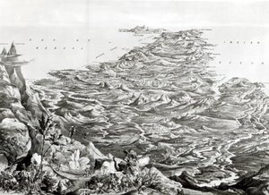 Panoramatický pohled na Indii z pohoří Himaláje, navržený T. Packerem, 1857 od English School