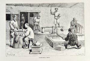 Mlýn na papír, Čína, ilustrace z knihy The Universal Geography, the Earth and its inhabitants od Elisee Reclus, vydáno 1878. od English School