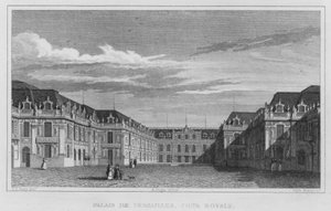 Paříž, palác ve Versailles, královský dvůr (rytina) od English School