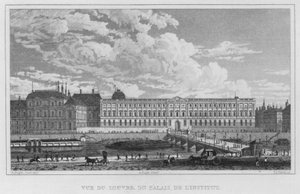 Paříž, pohled na Louvre, z paláce institutu (rytina) od English School
