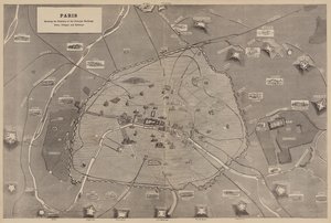 Paris, Darstellung der Positionen der wichtigsten Gebäude, Forts, Dörfer und Eisenbahnen (Stich) von English School