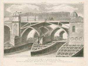 Část Old London Bridge, jak to vypadalo v červnu 1826 od English School