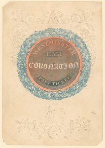Vstupenka na Velkou korunovační hostinu krále Jiřího IV. ve Westminster Hall, 17. července 1821 od English School