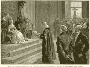 Peers a Commoners představující vlastenecký projev ke královně v předvečer krymské války od English School