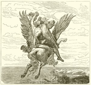 Perseus na okřídleném koni Pegasus s hlavou Medúzy od English School