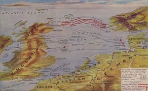 Perspektivní mapa s vyznačením polohy minového zátarasu v Severním moři, dějiště hlavních námořních akcí a německých námořních základen (barevná litografie). od English School