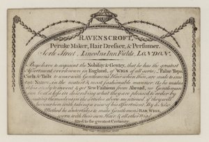 Výrobce Peruke, Ravenscroft, obchodní karta od English School