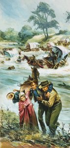 Pionýři překračující nezkrotnou řeku Arkansas na počátku 80. let 19. století (kvaš na papíře) od English School