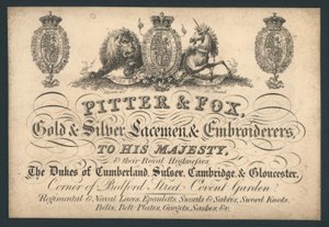 Pitter and Fox, Gold and Silver Laceman and Embroiderers, Bedford Street, Covent Garden, obchodní karta od English School