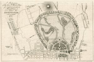 Plán úprav v londýnské čtvrti Marylebone, nyní nazývané Regents Park, z roku 1809. od English School