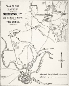Plán bitvy u Shrewsbury, 21. července 1403, z „Národní a domácí historie Anglie“ od Williama Hickmana Smith Aubrey (1858-1916), publikovaný v Londýně, kolem roku 1890 od English School