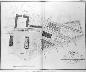 Plán navrhovaných vylepšení v Charing Cross, St. Martins Lane a Entrance to the Strand, vyryl James Basire, 1826 od English School