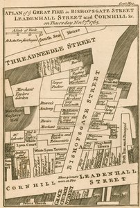Plán požáru v Bishopsgate Street, Cornhill a Leadenhall Street, Londýn, který začal 7. listopadu 1765 od English School