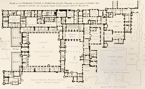 Plán hlavního patra paláce Hampton Court, jak tomu bylo za vlády krále Jindřicha VIII., z Historie paláce Hampton Court v Tudor Times od Ernesta Lawa, vydáno v Londýně 1885 od English School