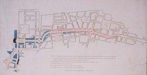 Plán předložený Dolní sněmovně ulice navržené od Charing Cross do Portland Place, vedoucí do Crown Estate v Marylebone Park od English School