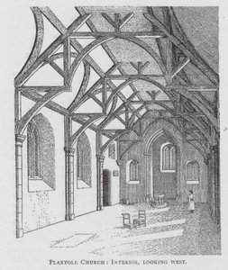 Kostel Plaxtole, interiér, pohled na západ (litografie) od English School