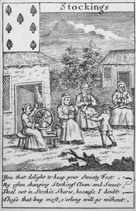 Hrací karta zobrazující dělníky vyrábějící punčochy (tisk) (detail 392627) od English School