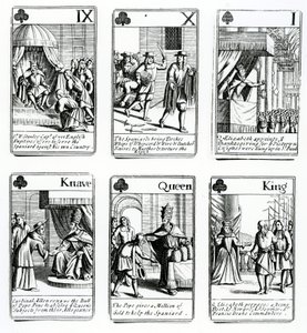 Hrací karty zobrazující události ze španělské armády, 1699 od English School
