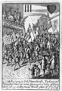 Hrací karta zobrazující praporčíky a standardy přijaté v Blenheimu, přenášené přes City of London, 3. ledna 1705 od English School