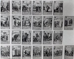 Hrací karty zobrazující epizody ze slavné revoluce z let 1688-89, kolem roku 1689 od English School