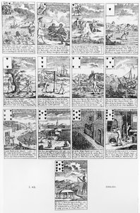 Hrací karty satirizující bublinové podniky, kolem roku 1720 od English School