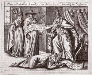 Papež Alexander šlape po krku císaře Fridricha, ilustrace ze Skutků a pomníků od Johna Foxe, deváté vydání, hospoda. 1684 od English School