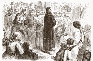 Populární demonstrace v Lambeth Palace ve prospěch Wicliffa, ilustrace z Historie protestantismu od Jamese Aitkena Wylie (1808-1890), hospoda. 1878 od English School