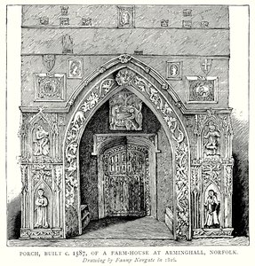 Kruchta, postavená kolem roku 1587, na farmě v Arminghallu, Norfolk (rytina) od English School